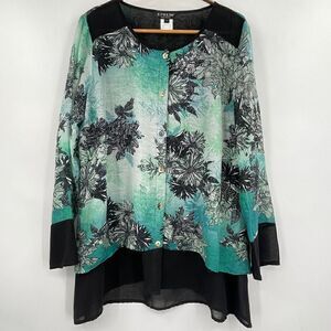 Citron Multicolor Floral Button Front Asymmetric Bottom Top Blouse Size Large